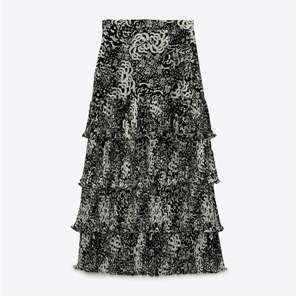 ZARA | black and white ruffle layered maxi skirt
